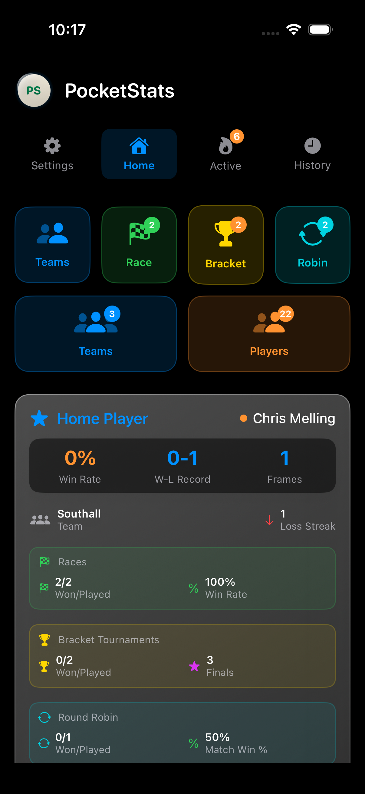 PocketStats home screen