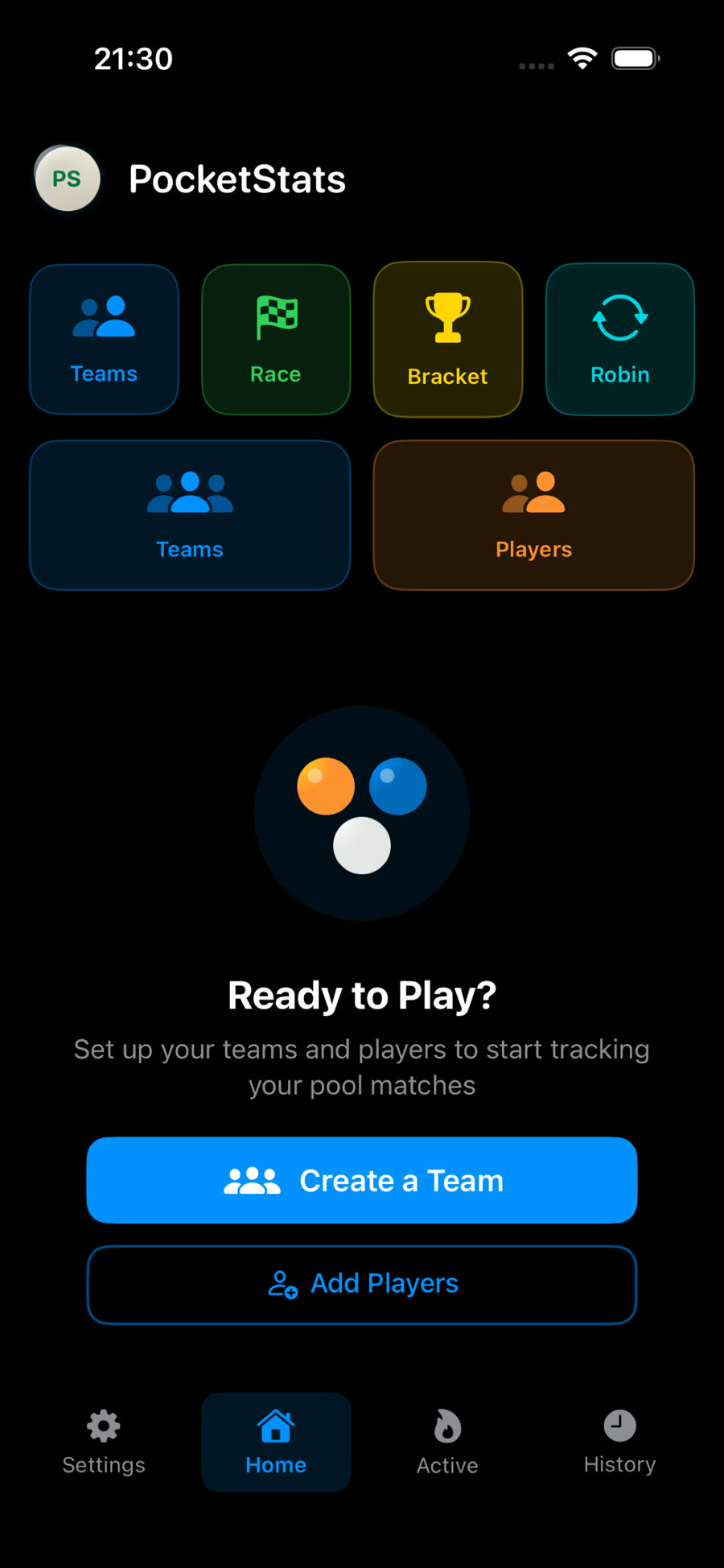 Home screen with game mode cards and home team widget