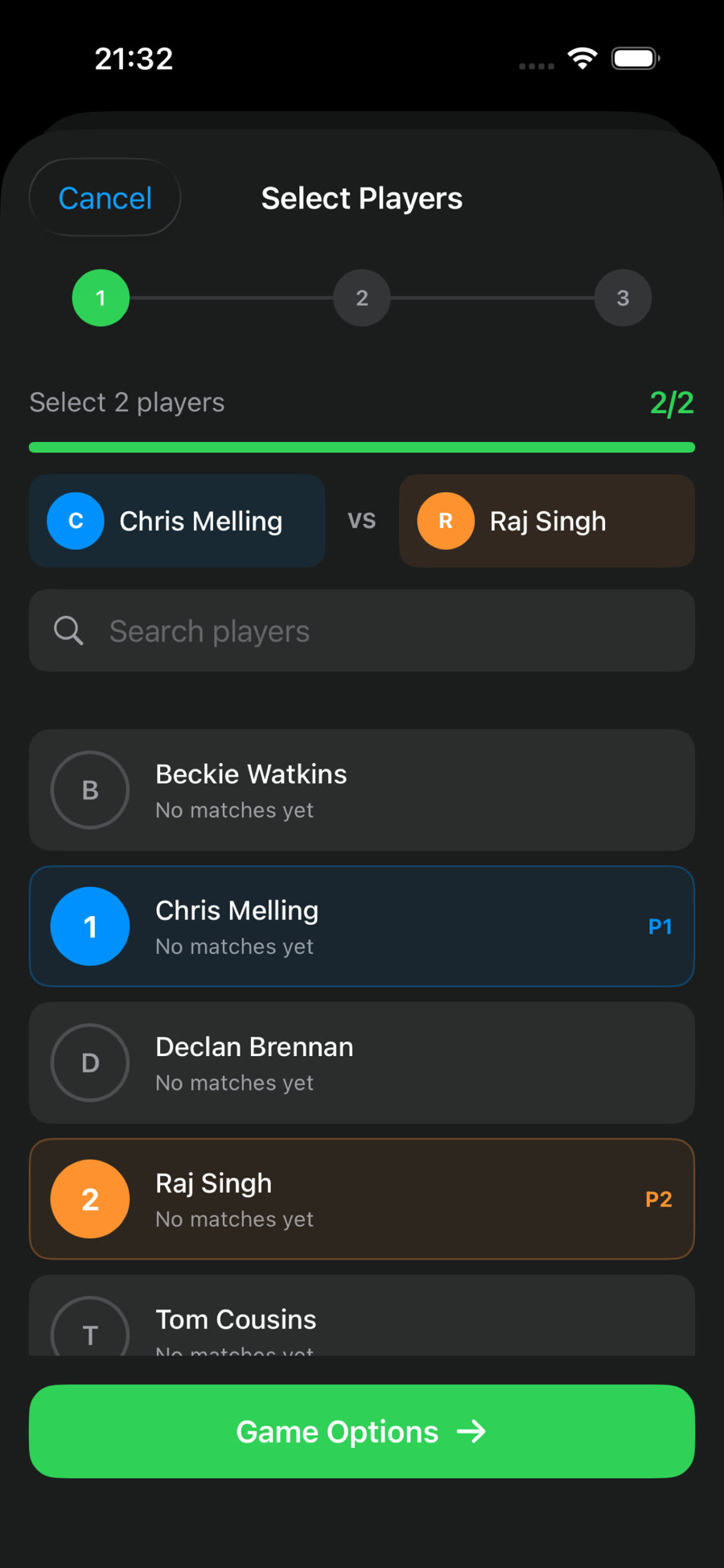 Selecting players for each frame