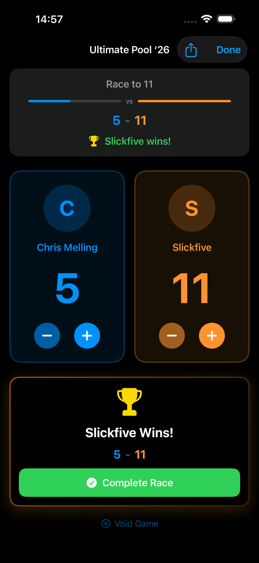 Race scoring, 5-11, Slickfive wins