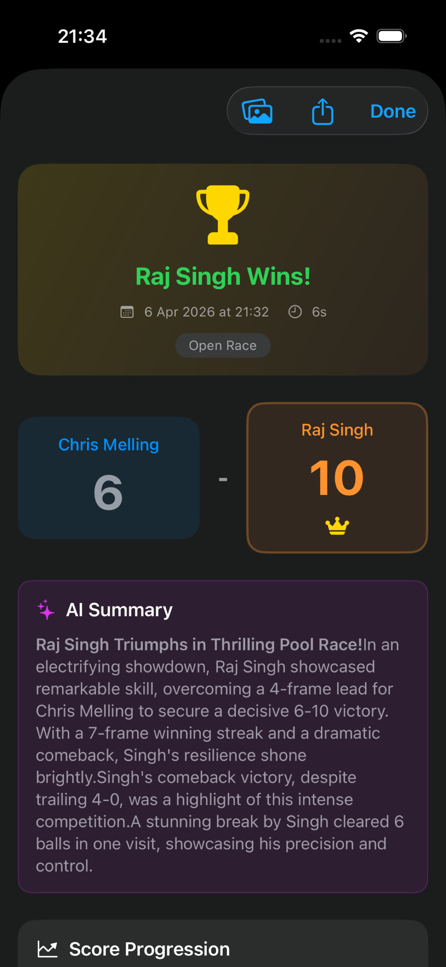 Race result with AI summary, Raj Singh wins 10-6