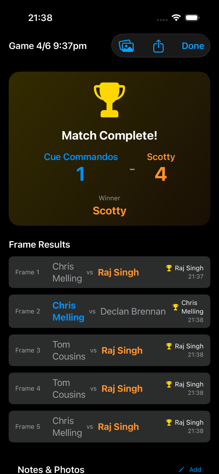 Match complete summary with frame results