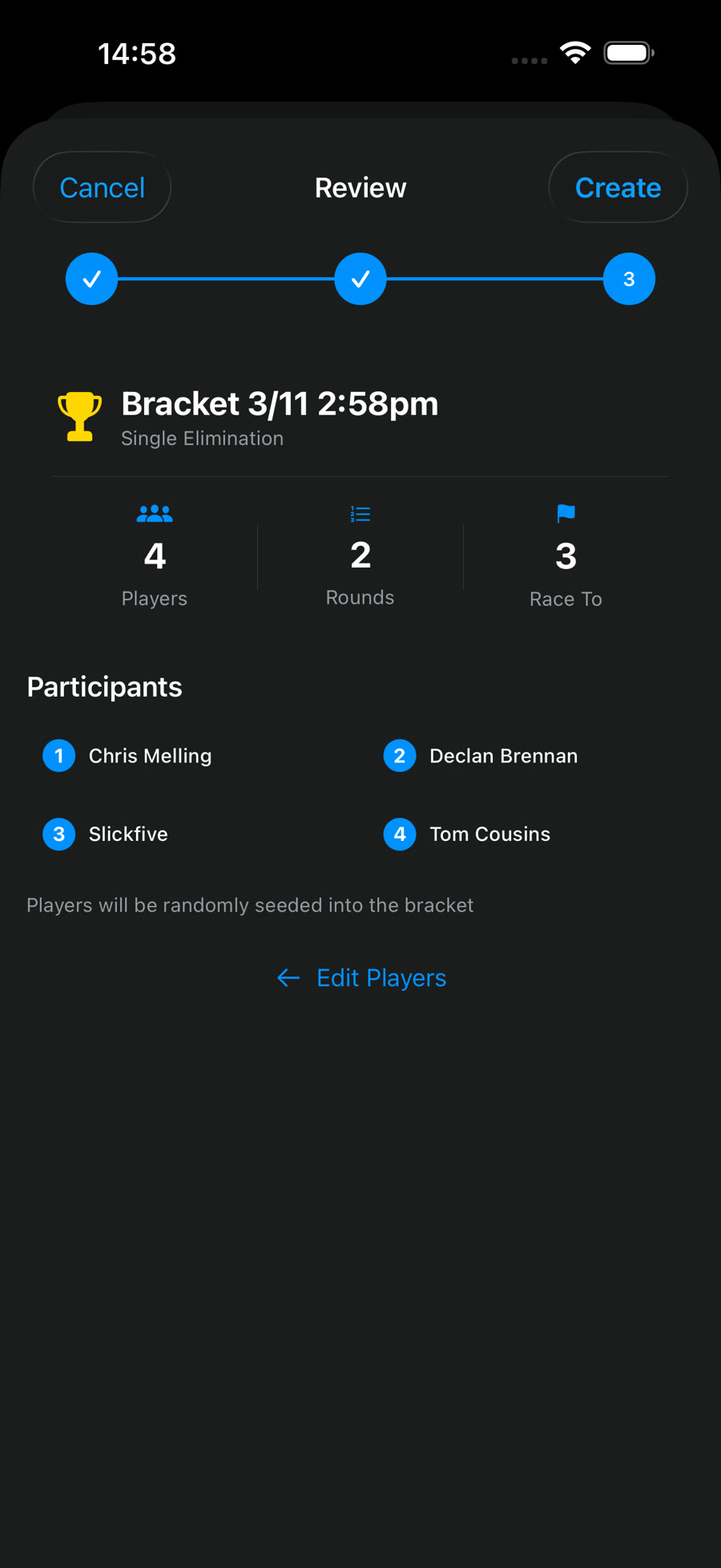Bracket setup review: 4 players, 2 rounds, race to 3