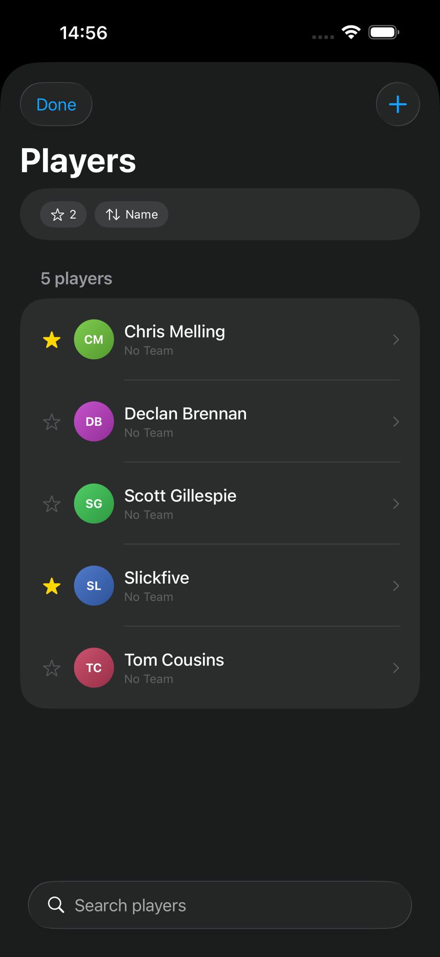 Players roster with home player stars